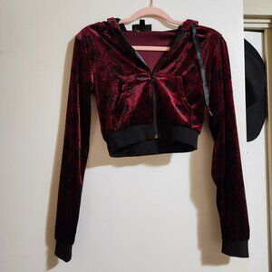 Burgundy Roses Cropped Velour Lush Hoodie